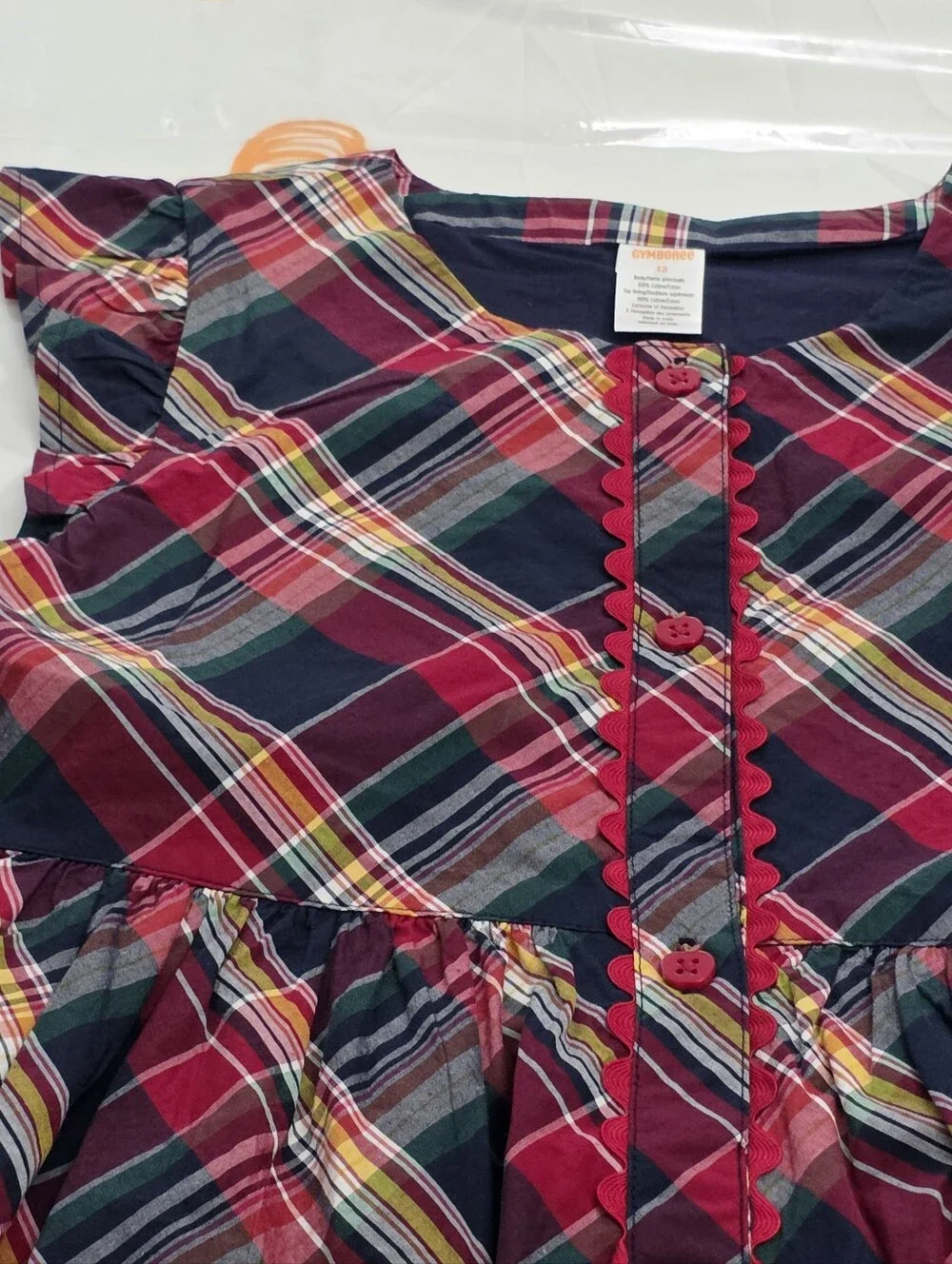 Gymboree Apple Orchard Plaid Poplin Red & Navy Blue Babydoll Dress Size 12